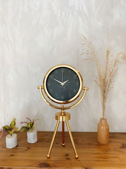 Norino Gold Metal Mini Tripod Mermer İlhamı Masa Saati 45×26 cm ürün görseli 1