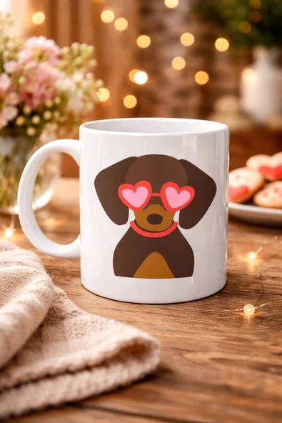 Norino Sevimli Dachshund (Sosis Köpek) Desenli Porselen Kupa Model 47 – Kalpli Gözlüklü Köpek Figürlü, Hediye Kupası ürün görseli 1