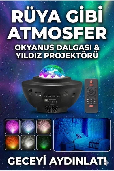 Norino Galaksi Yıldız Projektörü ve Bluetooth Hoparlör 10 Renk Modlu Okyanus Dalgalı Gece & Disko Lambası ürün görseli 1
