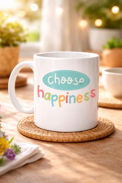Norino Choose Happiness "MUTLULUĞU SEÇ" Yazılı Porselen Kupa MODEL 156 – Motivasyon Kupası – Renkli Tasarım – Kahve & Çay Kupası – Mutluluk Temalı Hediye ürün görseli 1