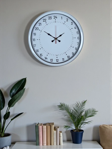 Norino Beyaz 40 Cm Metal 24 Saat Göstergeli Özel Tasarım Duvar Saati ürün görseli 1