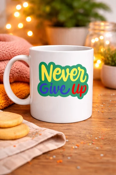 Norino Never Give Up ASLA PES ETME Yazılı Porselen Kupa MODEL 145 – Motivasyon Temalı Renkli Tasarım – Kahve & Çay Kupası – Moral Veren Hediyelik Kupa ürün görseli 1