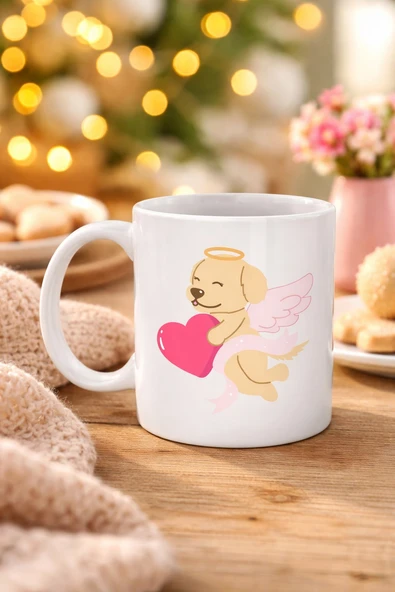 Norino Melek Golden Retriever Köpek Tasarımlı Porselen Kupa MODEL 55 – Kalpli, Sevgiliye Özel, Sevimli Hediye Kupa ürün görseli 1