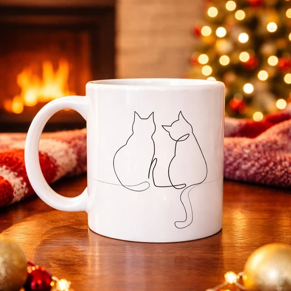 Norino Minimal Çizim İki Kedi Desenli Porselen Kupa MODEL 77 – Sevgi Temalı Şık Tasarım, Kahve & Çay Kupası ürün görseli 1