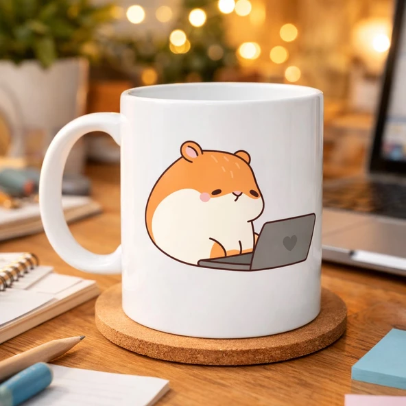 Norino Laptoplu Hamster Desenli Porselen Kupa MODEL 112 – Sevimli Çalışkan Hamster Tasarımlı Kahve Kupası , Ofis & Ev İçin Tatlı Hediye ürün görseli 1