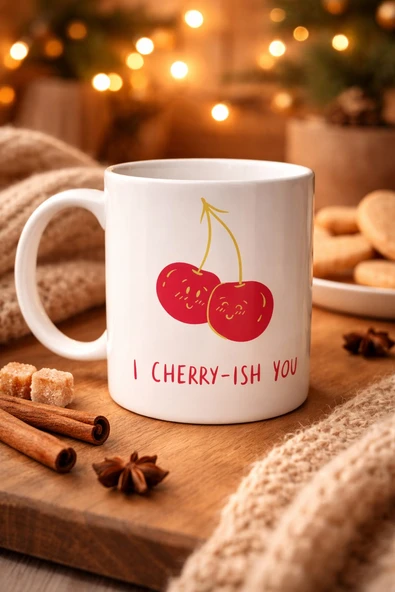 Norino Model 26 – I Cherry-Ish You Yazılı Sevimli Kiraz Tasarımlı Porselen Kupa - Aşk Dolu Hediye Fikri ürün görseli 1