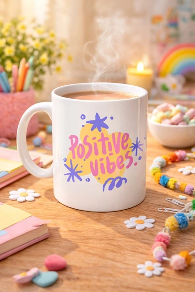 Norino Positive Vibes Porselen Kupa MODEL 138 – Renkli Tasarım Motivasyon Kupası – Pozitif Enerji Veren Kahve & Çay Kupası ürün görseli 1
