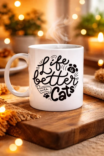 Norino Life is Better With Cats – Kedi Severlere Özel Porselen Kupa MODEL 59 Sevimli Tasarım Hediyelik Kahve Kupası ürün görseli 1