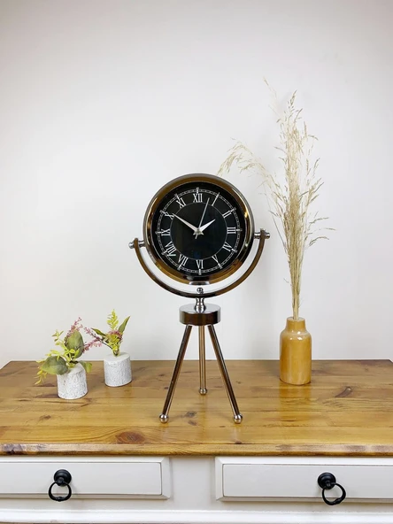 Norino Krom Metal Mini Tripod Siyah Retro Masa Saati 45×26 cm ürün görseli 1