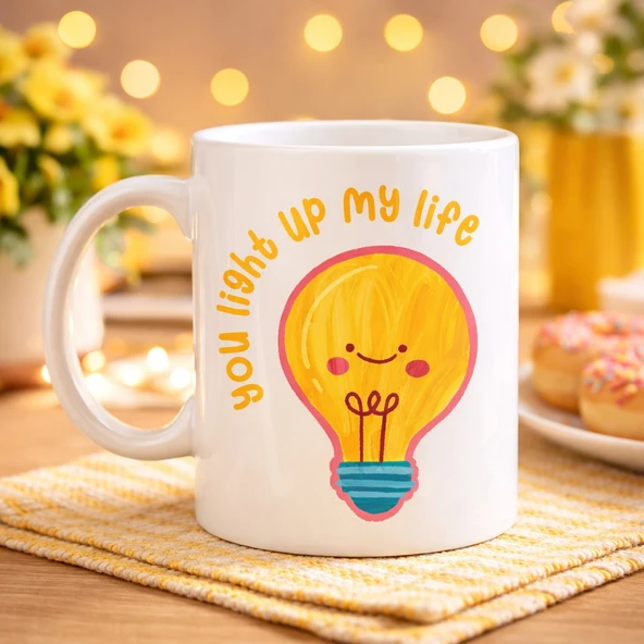 Norino You Light Up My Life Tasarımlı Porselen Kupa Model 15 - Sevimli Ampul Desenli Hediyelik Kahve Kupası ürün görseli 1