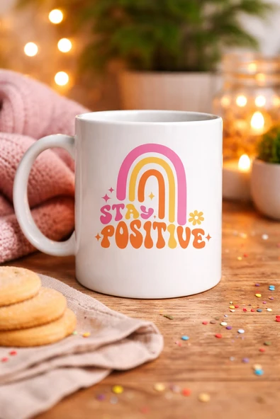Norino Stay Positive Tasarımlı Porselen Kupa MODEL 144 – Renkli Gökkuşağı Desenli, Motivasyon Veren Kahve & Çay Kupası – Hediyelik Kupa ürün görseli 1