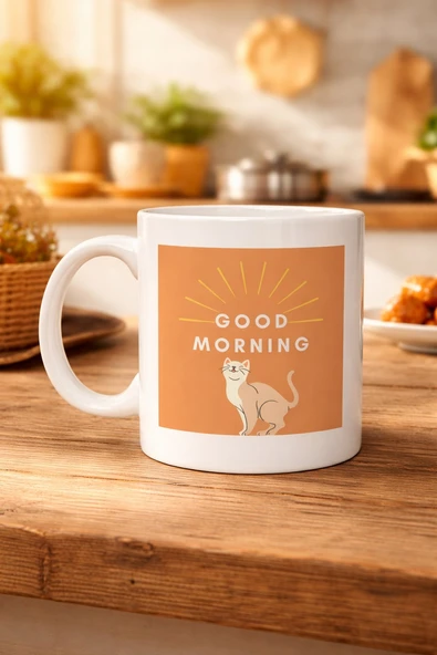 Norino Good Morning Kedi Desenli Porselen Kupa MODEL 72 – Sevimli Kedi Figürlü, Kahve & Çay Kupası, Hediyelik Porselen Bardak ürün görseli 1