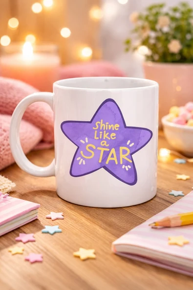 Norino Shine Like a Star – Motivasyon Mesajlı Mor Yıldız Tasarımlı Porselen Kupa MODEL 122 , Günlük Kullanım & Hediye Kupası ürün görseli 1