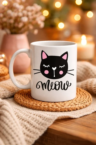 Norino Sevimli Kedi Desenli Porselen Kupa MODEL 63 – “Meow” Yazılı Kahve & Çay Keyfi İçin Tatlı Tasarım ürün görseli 1
