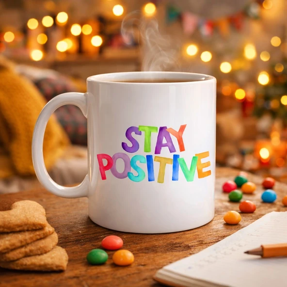 Norino Stay Positive Baskılı Porselen Kupa MODEL 158 – Renkli Motivasyon Yazılı Kahve Kupası – Pozitif Mesajlı Hediye Kupa ürün görseli 1