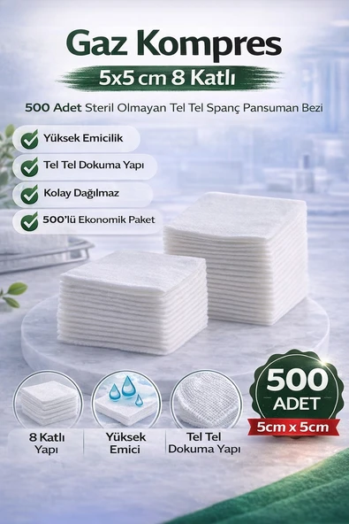 Norino Gaz Kompres 5x5 cm 8 Katlı 500 Adet Steril Olmayan Tel Tel Spanç Pansuman Bezi ürün görseli 1