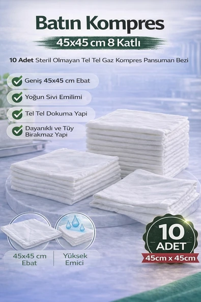 Norino Batın Kompres 45x45 cm 8 Katlı 10 Adet Tel Tel Gaz Kompres Steril Olmayan Pansuman Bezi ürün görseli 1