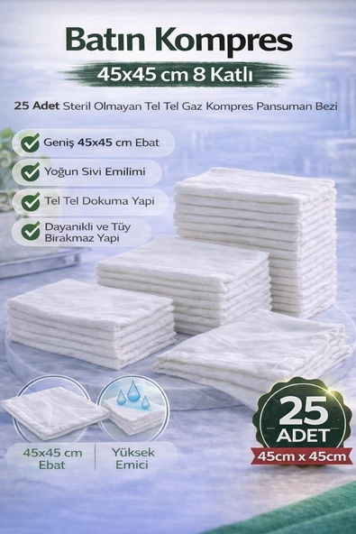 Norino Batın Kompres 45x45 cm 8 Katlı 25 Adet Tel Tel Gaz Kompres Steril Olmayan Pansuman Bezi ürün görseli 1