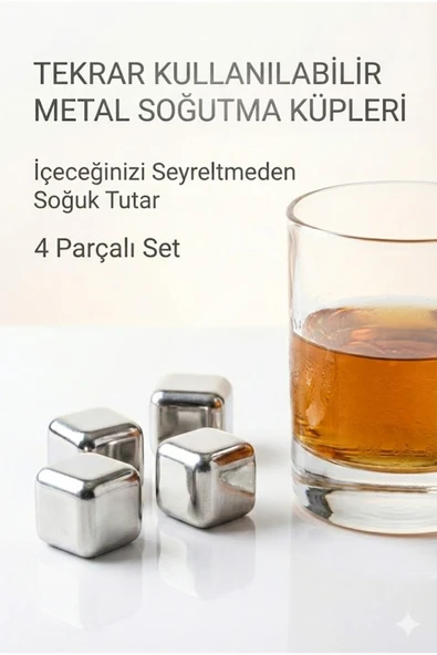 Norino Paslanmaz Çelik Buz Küpü 4’lü Set – İçeceği Sulandırmadan Soğutucu Metal Taş ürün görseli 1