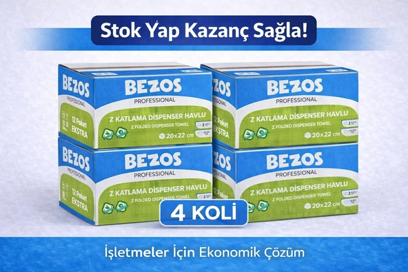 Norino Bezos Z Katlamalı Dispenser Havlu 2 Katlı 20x22 cm %100 Selüloz 4 Koli Avantaj Paket ürün görseli 1