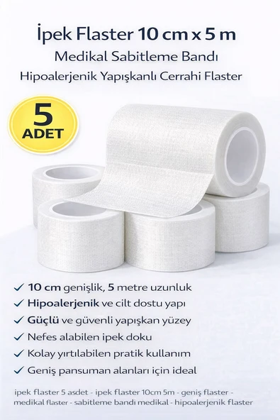 Norino İpek Flaster 10 cm x 5 m 5 Adet Medikal Sabitleme Bandı Hipoalerjenik Yapışkanlı Cerrahi Flaster ürün görseli 1