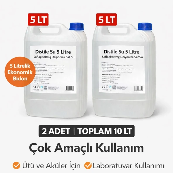 Norino 2 Adet Distile Su 5 Litre Toplam 10 Litre Saflaştırılmış Deiyonize Saf Su Çok Amaçlı Kullanım ürün görseli 1