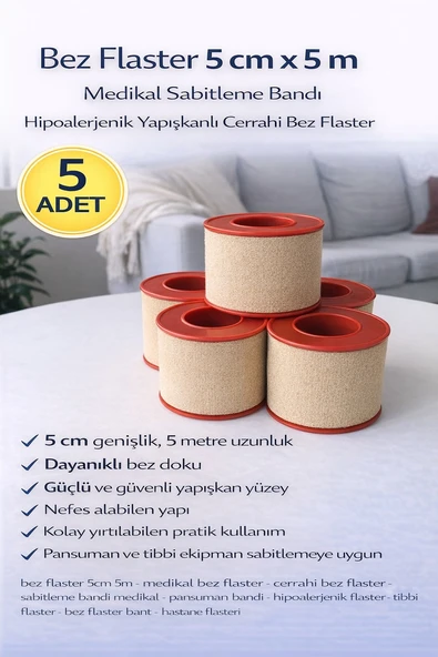 Norino Bez Flaster 5 cm x 5 m Medikal Sabitleme Bandı Hipoalerjenik Yapışkanlı Cerrahi Bez Flaster 5 ADET ürün görseli 1