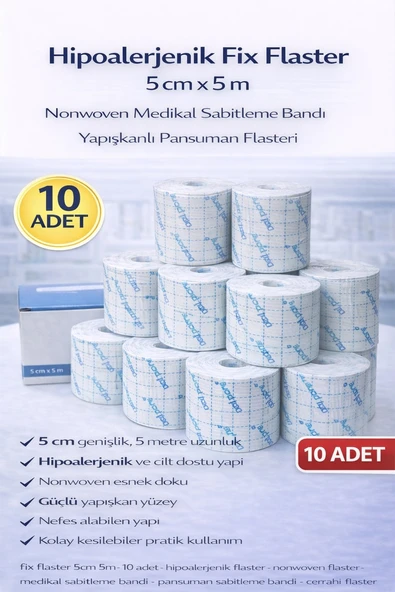 Norino Hipoalerjenik Fix Flaster 5 cm x 5 m 10 Adet Nonwoven Medikal Sabitleme Bandı Yapışkanlı Pansuman Flasteri ürün görseli 1