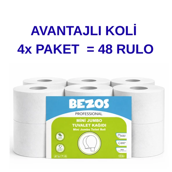 Norino Bezos Professional Mini Jumbo Tuvalet Kağıdı 48 Rulo | 2 Katlı | %100 Selüloz | Endüstriyel & Ev Tipi Kullanım 4X12RULO ürün görseli 1