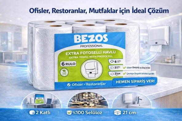 Norino Bezos Professional Fotoselli Havlu 6 Rulo – 2 Katlı %100 Selüloz 21 cm Endüstriyel Kağıt Havlu ürün görseli 1