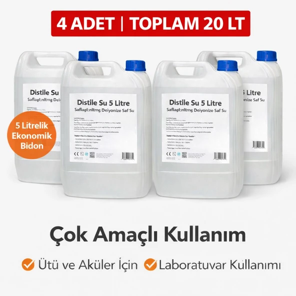 Norino 4 Adet Distile Su 5 Litre Toplam 20 Litre Saflaştırılmış Deiyonize Saf Su Çok Amaçlı Kullanım ürün görseli 1