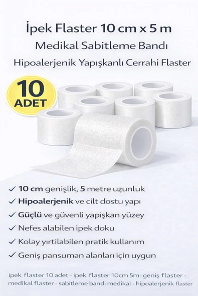 Norino İpek Flaster 10 cm x 5 m 10 Adet Medikal Sabitleme Bandı Hipoalerjenik Yapışkanlı Cerrahi Flaster ürün görseli 1