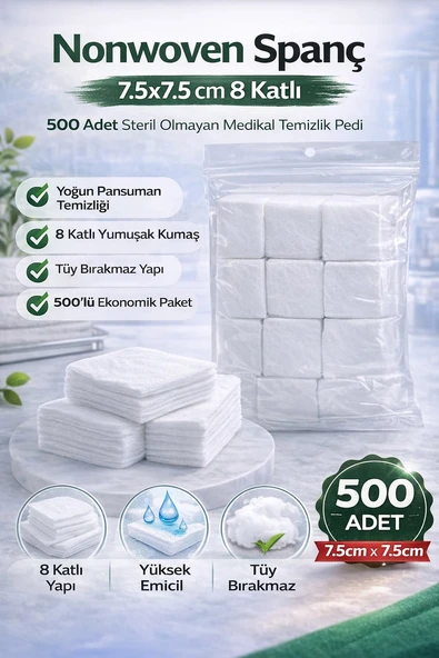 Norino Nonwoven Spanç 7,5x7,5 cm 8 Katlı 500 Adet Steril Olmayan Medikal Temizlik Pedi ürün görseli 1
