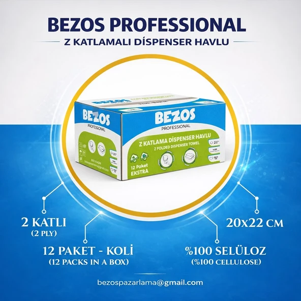 Norino Bezos Professional Z Katlamalı Dispenser Havlu 2 Katlı %100 Selüloz 20x22 cm 12’li Koli ürün görseli 1