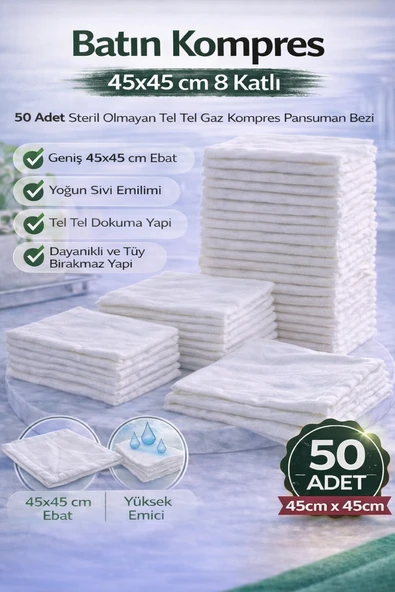 Norino Batın Kompres 45x45 cm 8 Katlı 50 Adet Tel Tel Gaz Kompres Steril Olmayan Pansuman Bezi ürün görseli 1