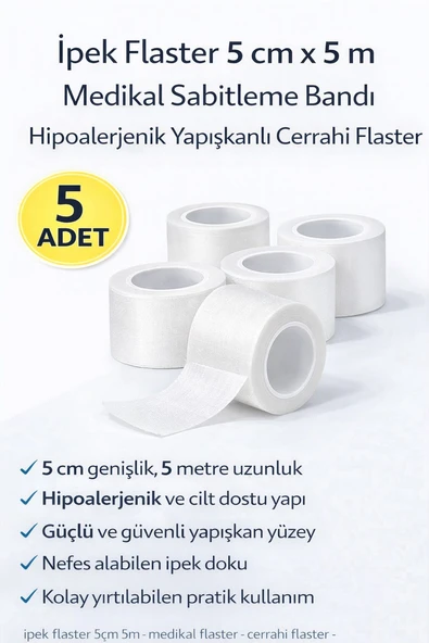 Norino İpek Flaster 5 cm x 5 m 5 Adet Medikal Sabitleme Bandı Hipoalerjenik Yapışkanlı Cerrahi Flaster ürün görseli 1