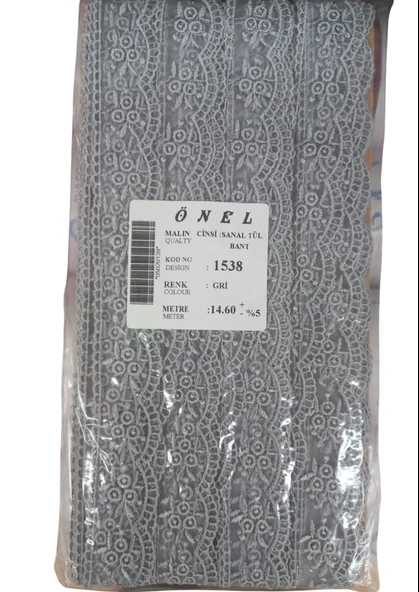 Norino Dantel Polyester Sanal Tül Bant Gri 14,60 Metre En 3 Cm On-1538-g ürün görseli 1