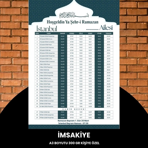 Norino Ramazan İmsakiyesi - 300 Gr - A3 Boyut Kişiye Özel İsimli & Logolu 1 Adet Yeşil ürün görseli 1