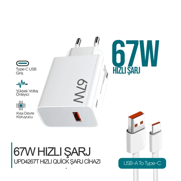 Ultimate Serisi UPD4267 67W Type-C Şarj Cihazı + USB-A Kablo – Fast Charge, ürün görseli 1