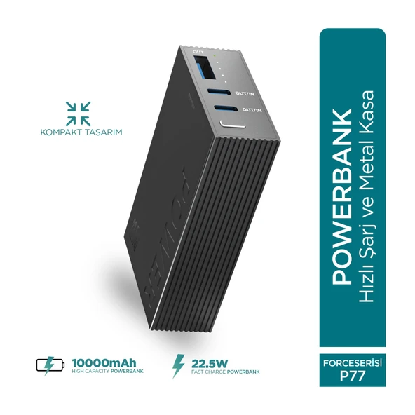 PHIXI Force P77 10000mAh Powerbank – 22.5W Hızlı Şarj, Metal Kasa Taşınabilir Şarj Cihazı ürün görseli 1