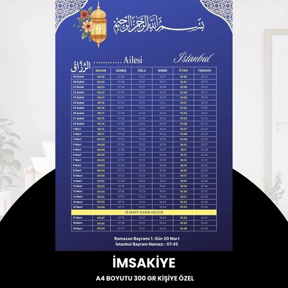 Norino Ramazan İmsakiyesi - 300 Gr - A4 Boyut Kişiye Özel İsimli & Logolu 10 Adet Mat Mavi ürün görseli 1