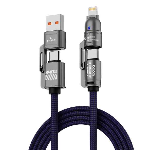 PHIXI Ultimate UPD4180 240W 4-in-1 Şarj Kablosu – Type-C / Lightning / USB-A Hızlı Şarj Hasır Kablo ürün görseli 1