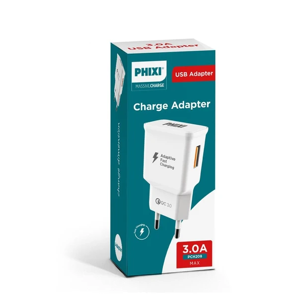 PHIXI QCH208 QC 3.0 USB Şarj Adaptörü 3A Hızlı Şarj (30'lu Paket) ürün görseli 1