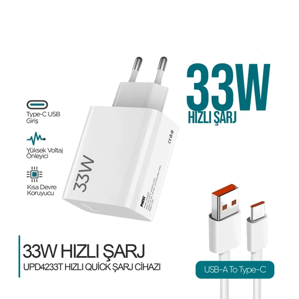 Ultimate Serisi UPD4233 33W Type-C Şarj Cihazı + USB-A Kablo – Fast Charge ürün görseli 1