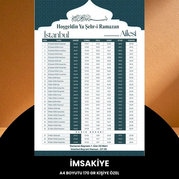 Norino Ramazan İmsakiyesi - 170 Gr - A4 Boyut Kişiye Özel İsimli & Logolu 100 Adet Yeşil ürün görseli 1
