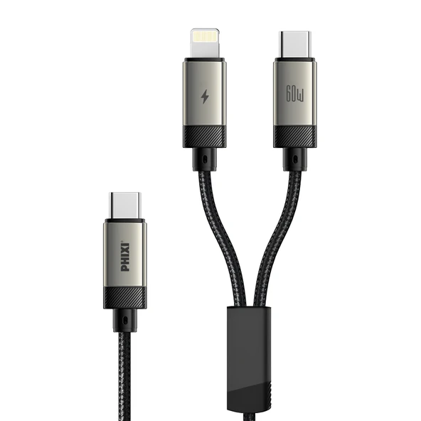 PHIXI Ultimate UPD4190 72W Dual Şarj Kablosu – Type-C ve Lightning Çift Çıkışlı Hasır Hızlı Şarj Kablosu ürün görseli 1