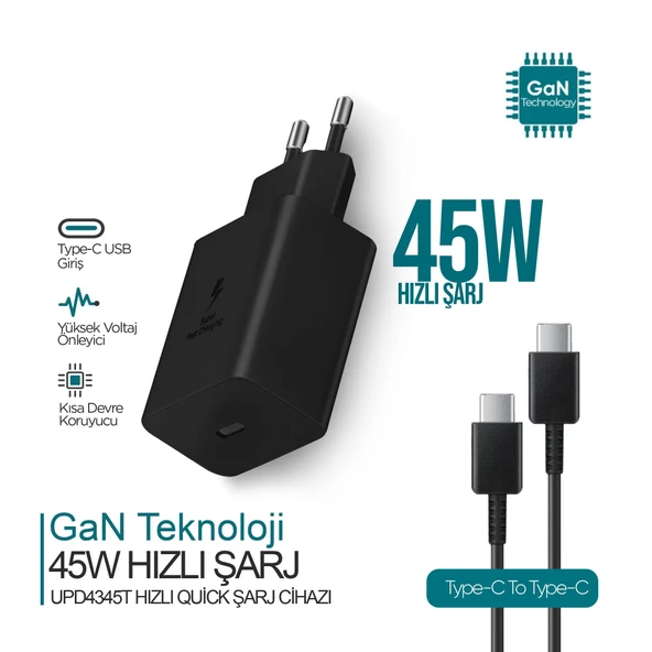 Ultimate Serisi UPD4345T Type-C to Type-C Siyah Şarj Cihazı 45W GaN Teknolojili ürün görseli 1