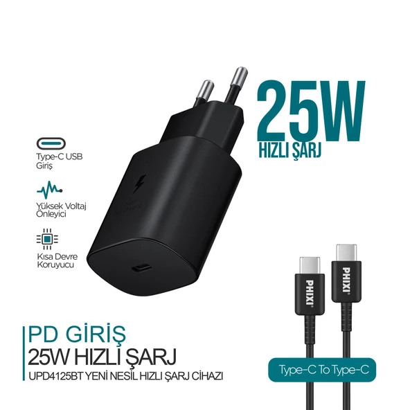 Ultimate Serisi UPD4125TB 25W Type-C Girişli Hızlı Şarj Adaptörü + Type-C Kablo Siyah ürün görseli 1