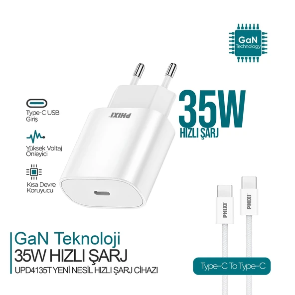 Ultimate Serisi UPD4135T 35W Type-C Girişli Yeni Nesil Hızlı Şarj Adaptörü + Type-C to Type-C Hasır Kablo ürün görseli 1