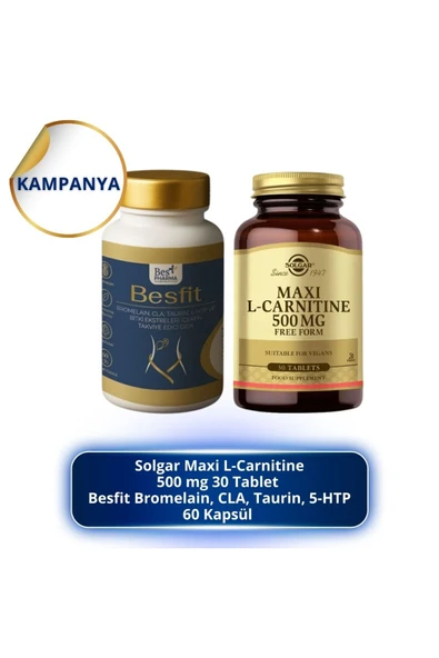 Solgar Maxi L-Carnitine 500 mg 30 Tablet ve Besfit Bromelain, CLA, Taurin, 5-HTP 60 Kapsül ürün görseli 1